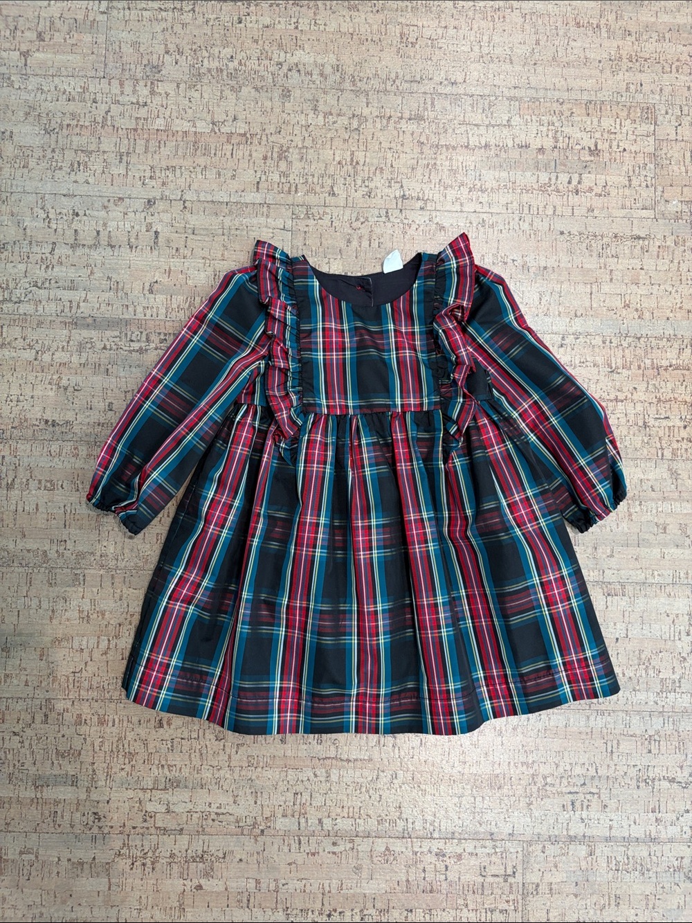 GAP Red and Green Plaid Ruffle-Front Long Sleeve Dress